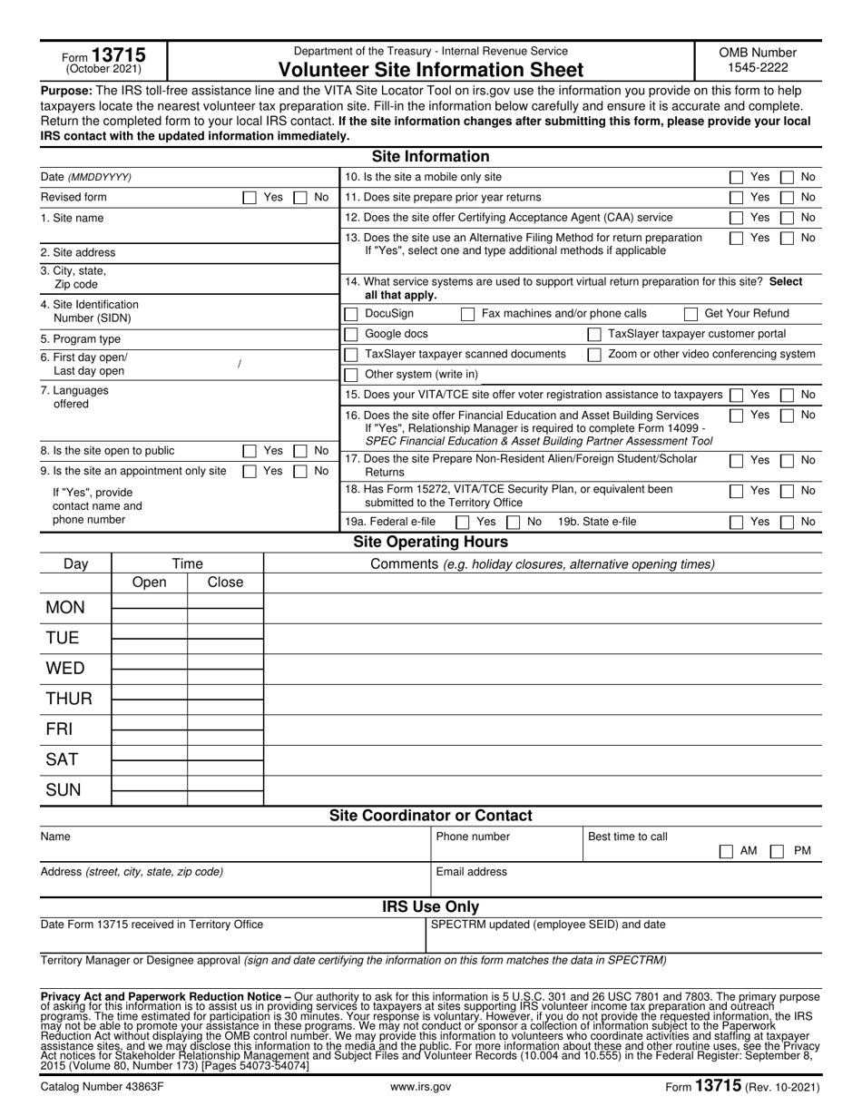 IRS Form 13715 Volunteer Site Information Sheet, Page 1
