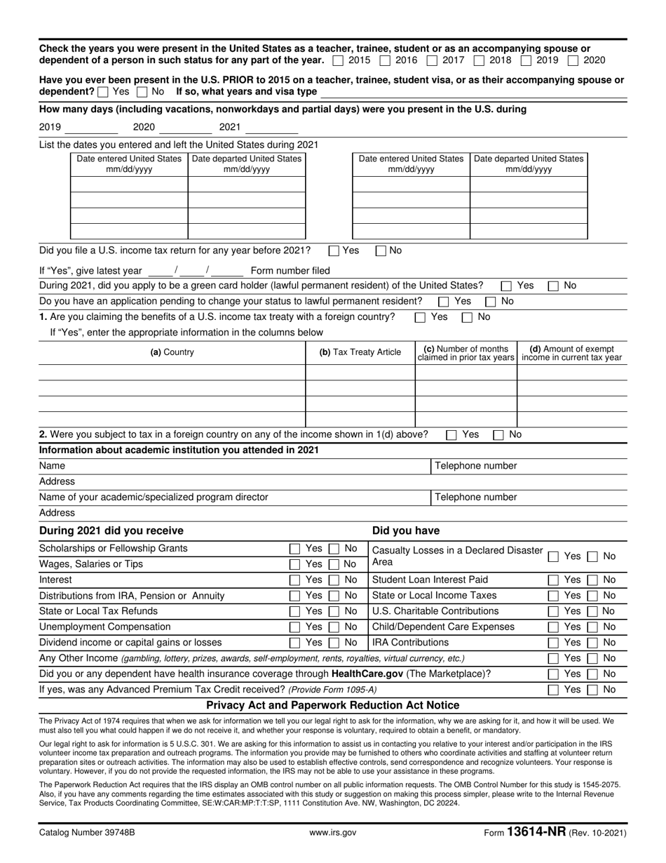 IRS Form 13614-NR Nonresident Alien Intake and Interview Sheet, Page 2