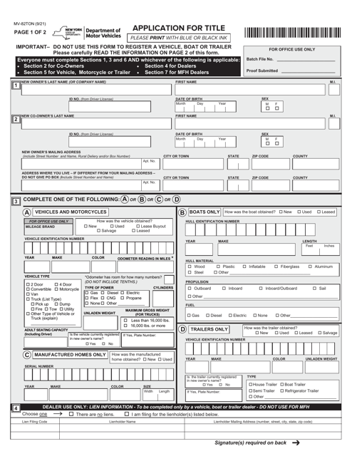 Form MV-82TON  Printable Pdf