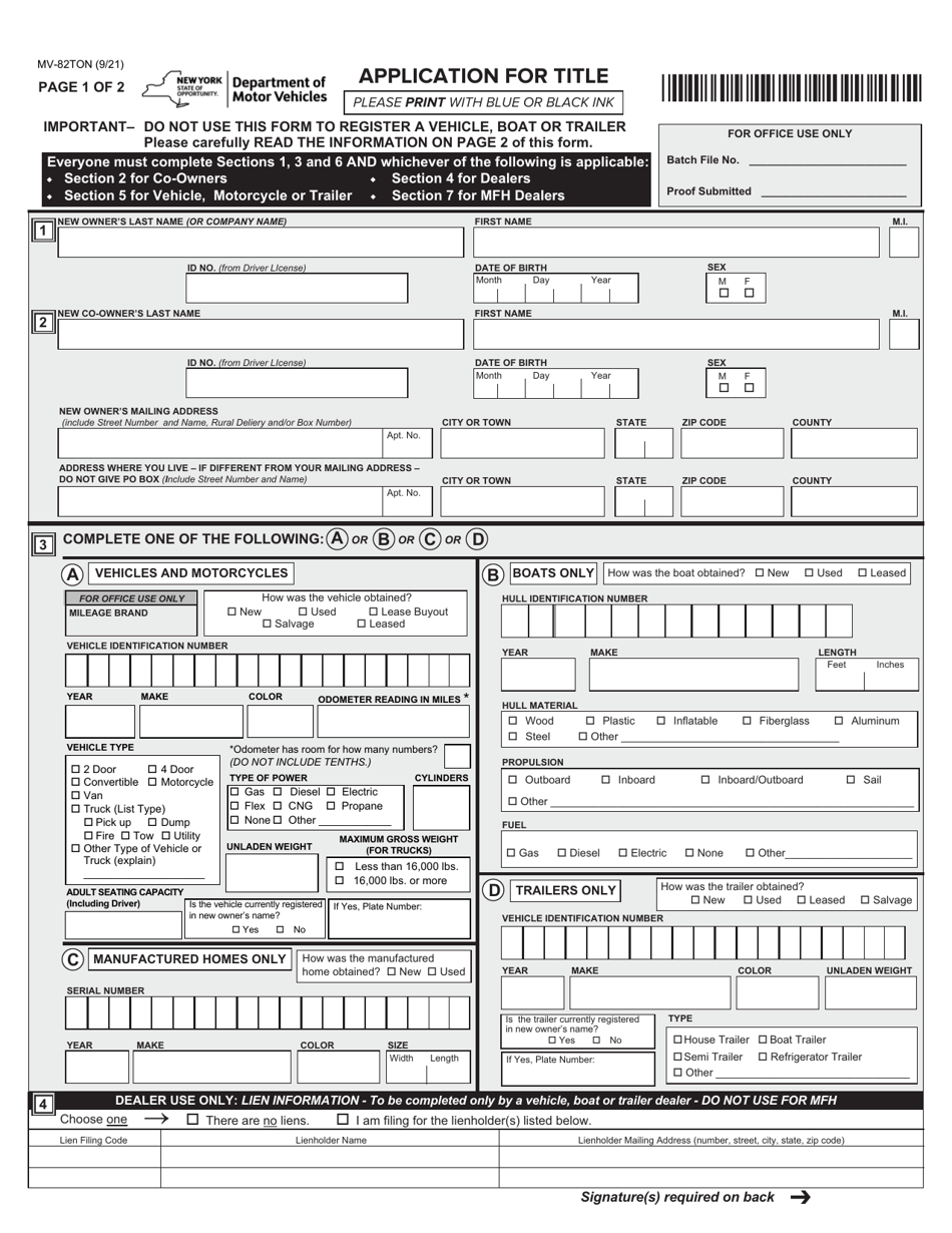 Form MV-82TON Application for Title - New York, Page 1