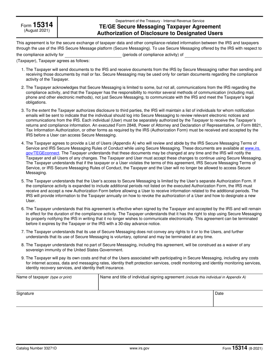IRS Form 15314 Te / Ge Secure Messaging Taxpayer Agreement Authorization of Disclosure to Designated Users, Page 1
