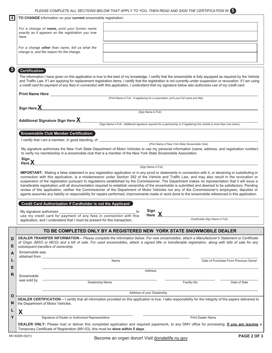 Form MV-82SN Snowmobile Registration Application - New York, Page 2