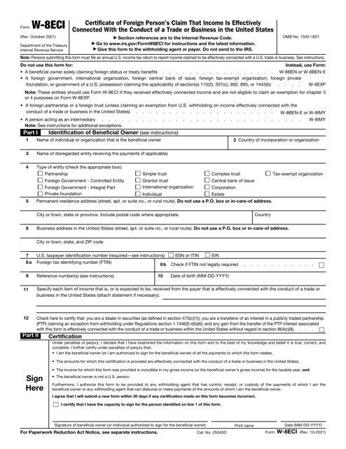 IRS Form W-8ECI Certificate of Foreign Person's Claim That Income Is Effectively Connected With the Conduct of a Trade or Business in the United States