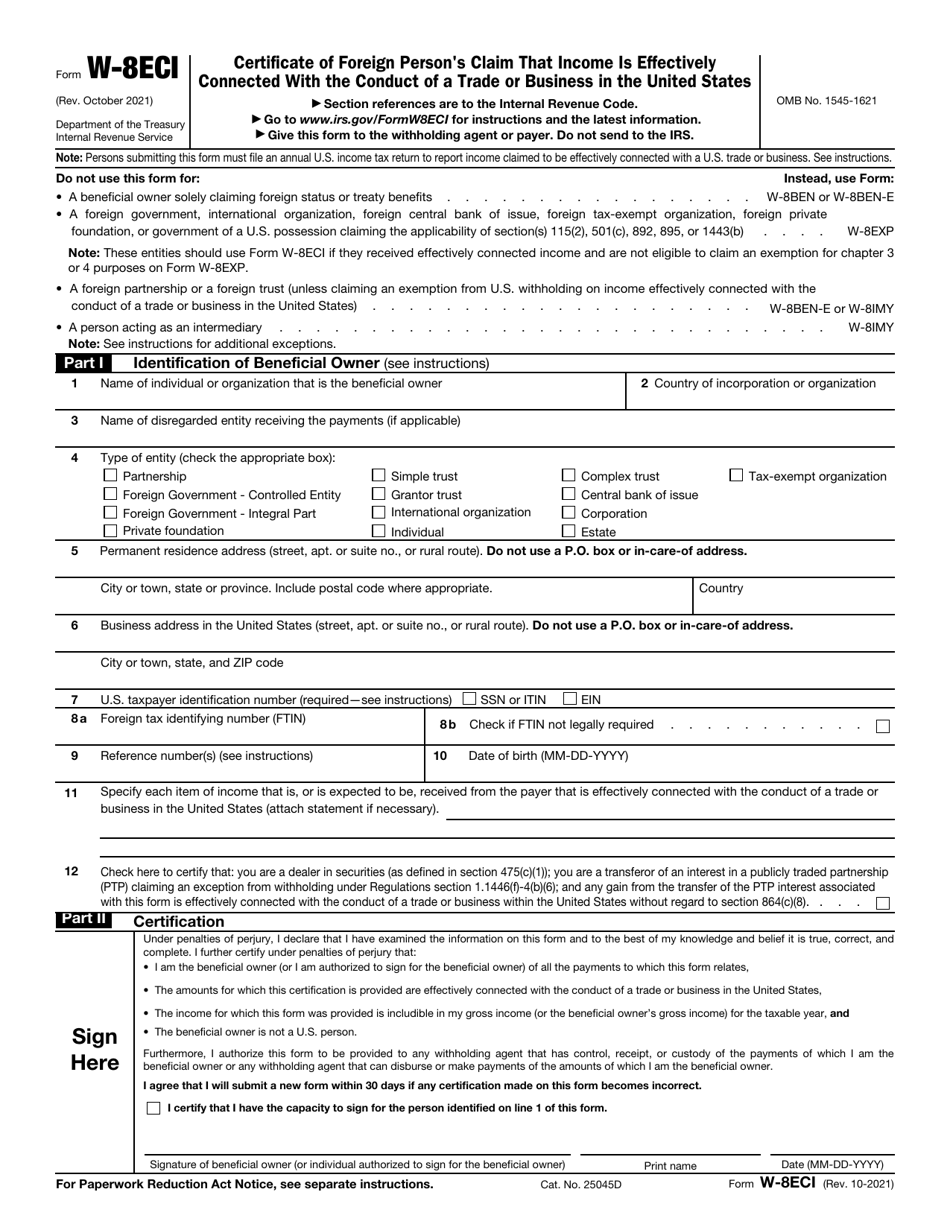 IRS Form W-8ECI Download Fillable PDF or Fill Online Certificate of ...