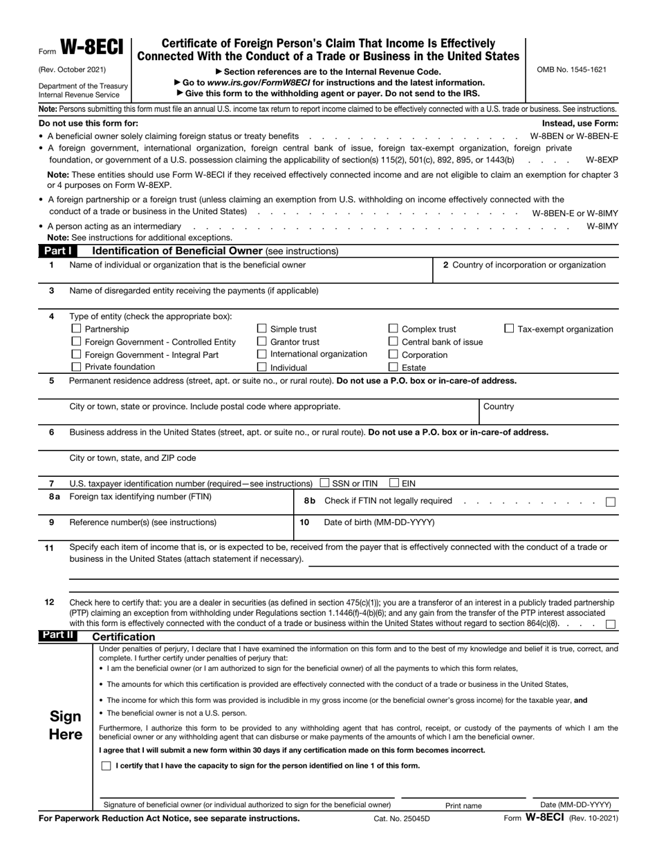 IRS Form W-8ECI Certificate of Foreign Persons Claim That Income Is Effectively Connected With the Conduct of a Trade or Business in the United States, Page 1