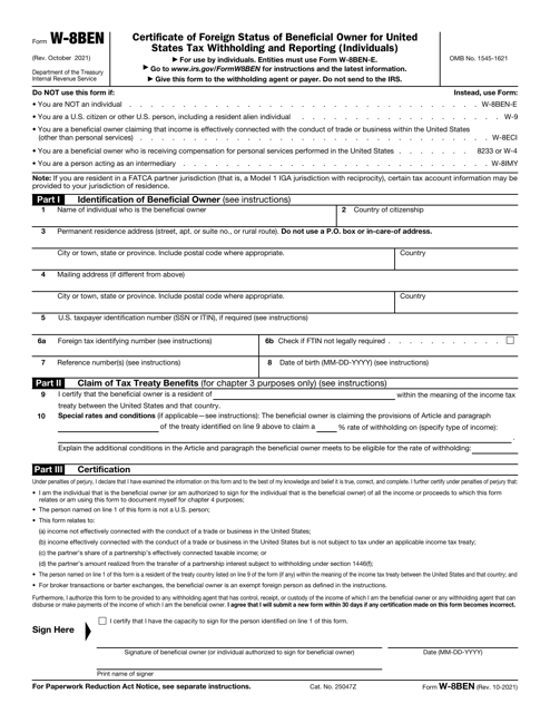 IRS Form W-8BEN  Printable Pdf