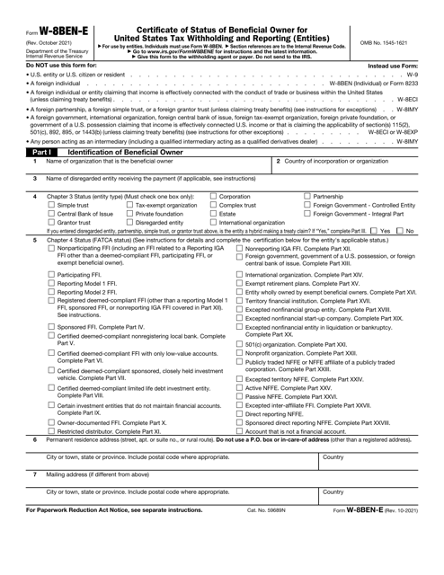 IRS Form W-8BEN-E Certificate of Status of Beneficial Owner for United States Tax Withholding and Reporting (Entities)