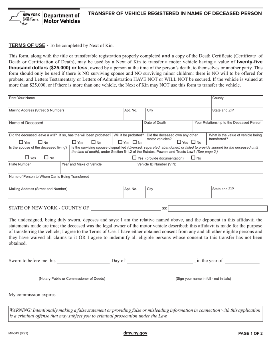 Form MV-349 Transfer of Vehicle Registered in Name of Deceased Person - New York, Page 1
