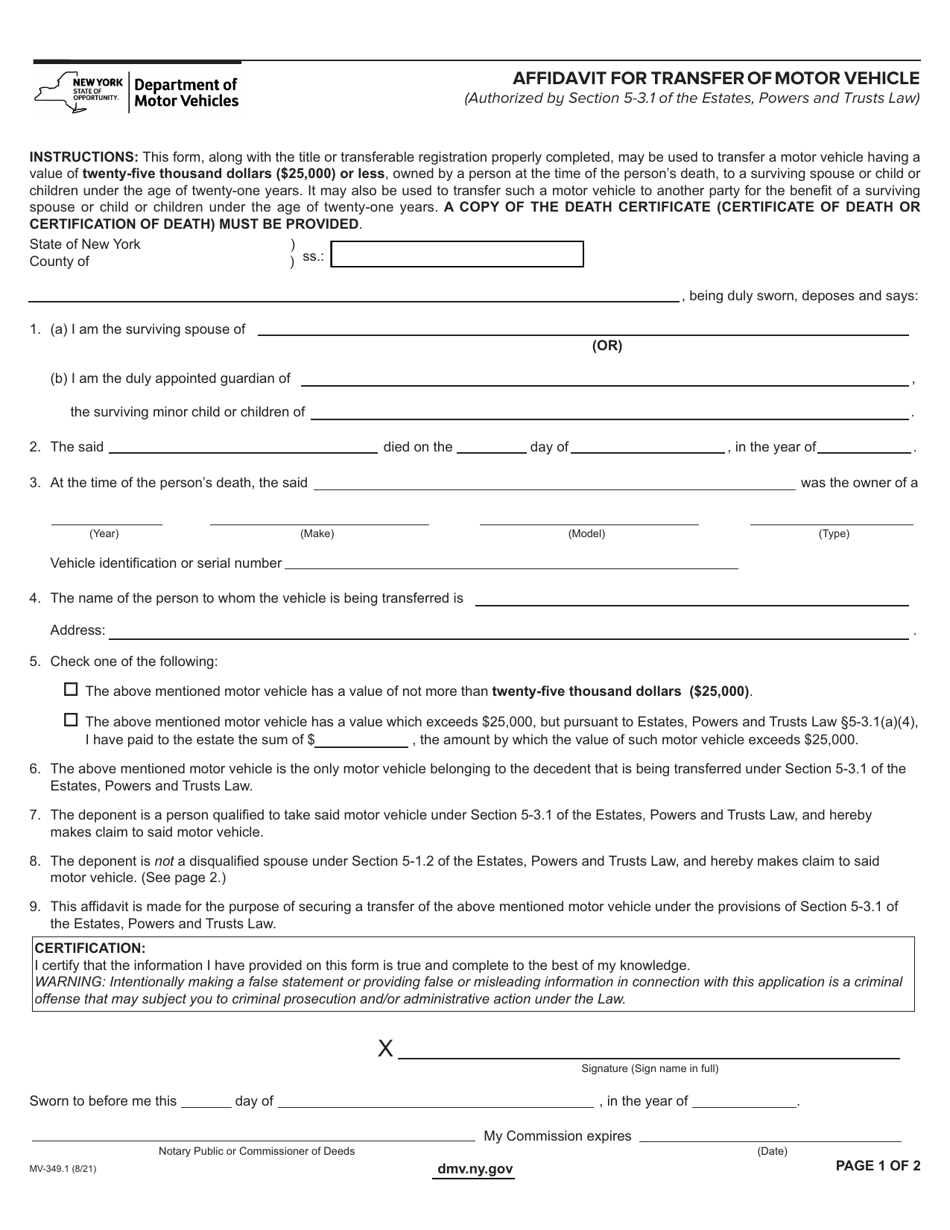 Form MV-349.1 Affidavit for Transfer of Motor Vehicle - New York, Page 1