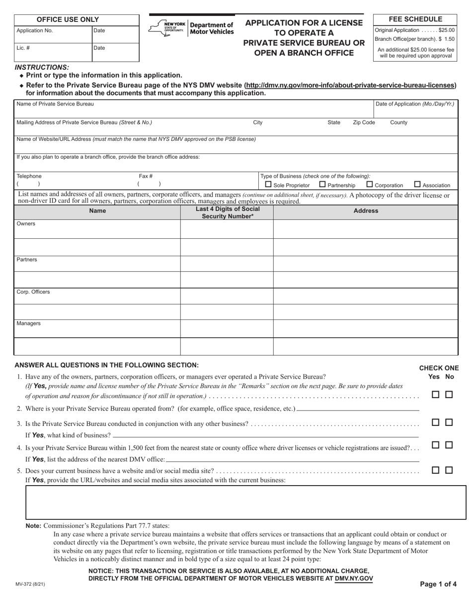 Form MV-372 Application for a License to Operate a Private Service Bureau or Open a Branch Office - New York, Page 1