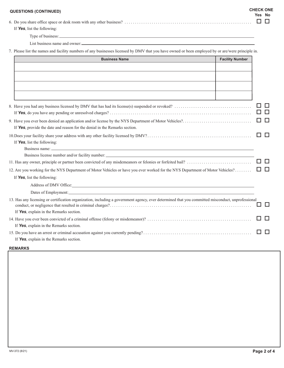 Form MV-372 Application for a License to Operate a Private Service Bureau or Open a Branch Office - New York, Page 2
