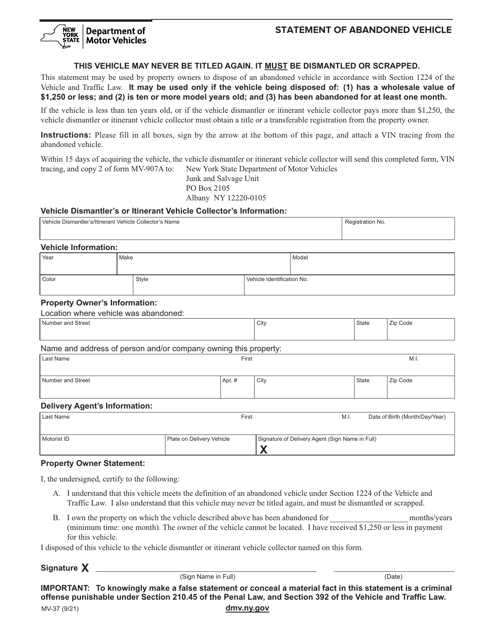 Form MV-37 Statement of Abandoned Vehicle - New York