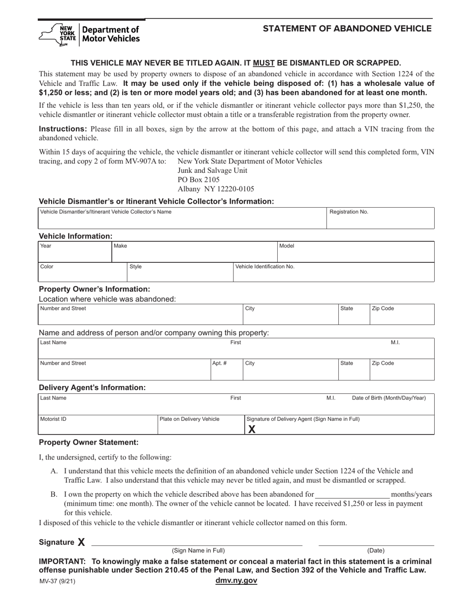 Form Mv-37 Download Fillable Pdf Or Fill Online Statement Of Abandoned 