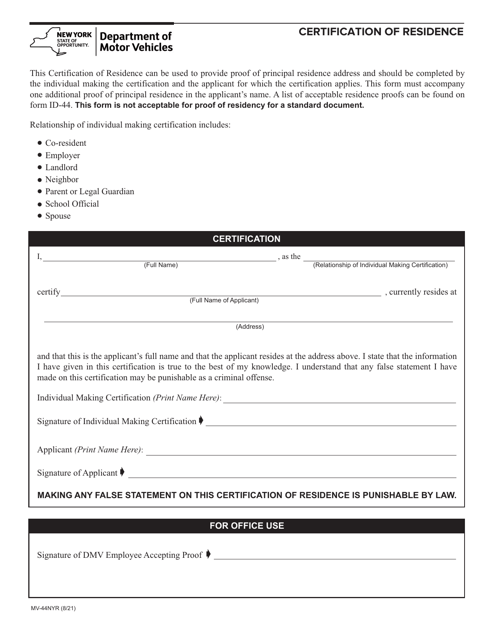 Form MV-44NYR Certification of Residence - New York
