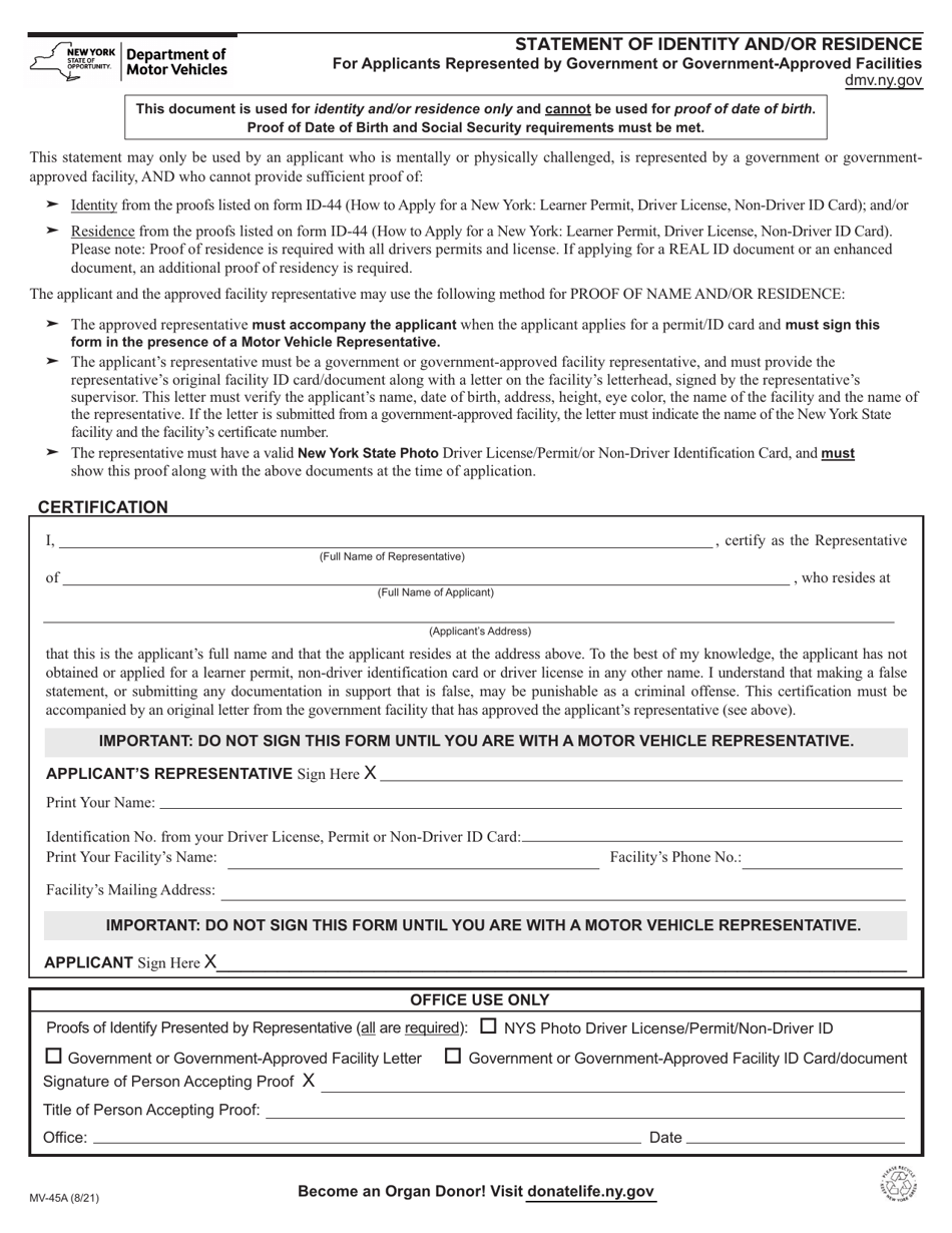 Form MV-45A Download Fillable PDF or Fill Online Statement of Identity ...