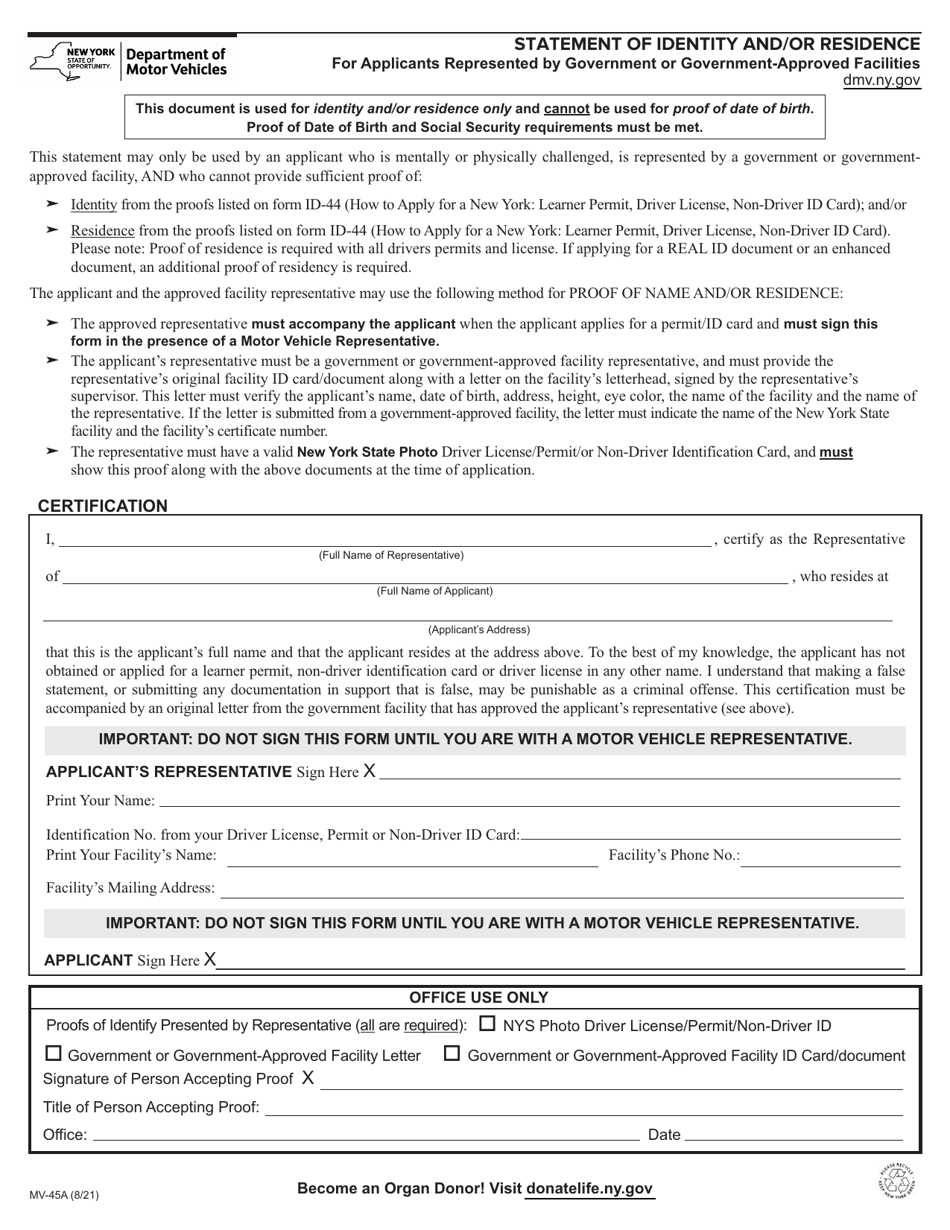 Form MV-45A Statement of Identity and / or Residence for Applicants Represented by Government or Government-Approved Facilities - New York, Page 1
