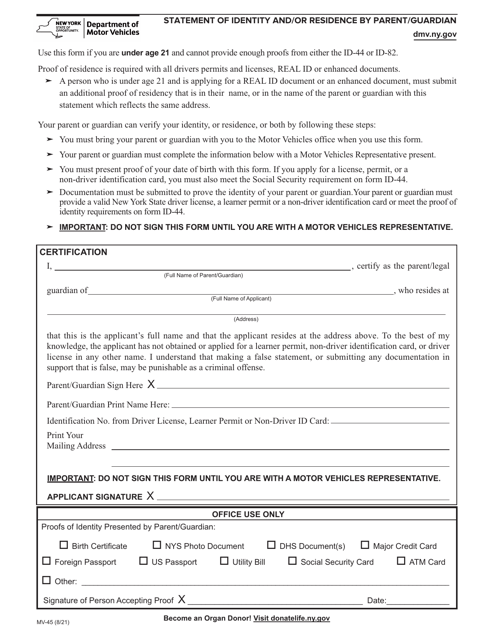 Form MV-45 Statement of Identity and/or Residence by Parent/Guardian - New York