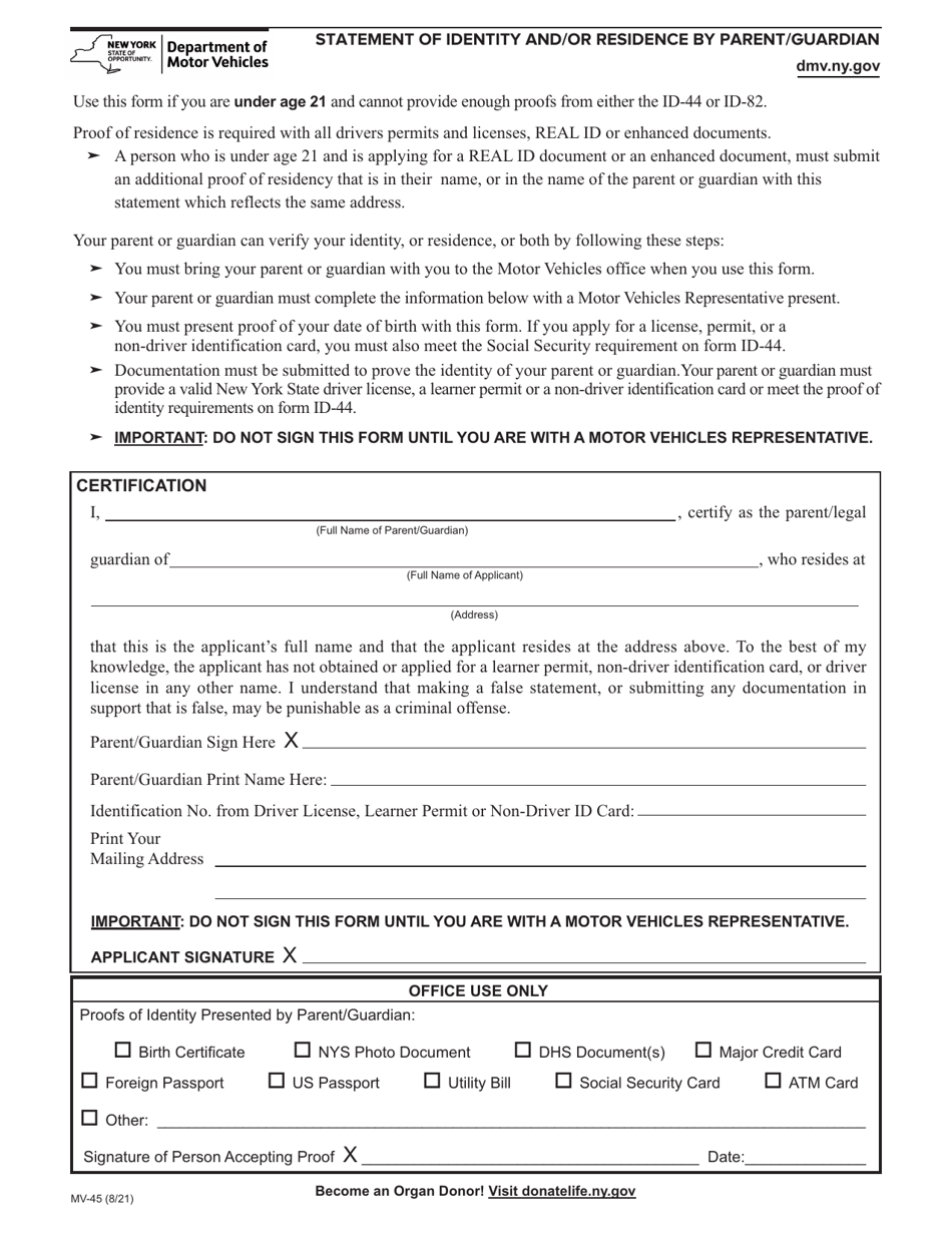 Form MV-45 Download Fillable PDF or Fill Online Statement of Identity ...