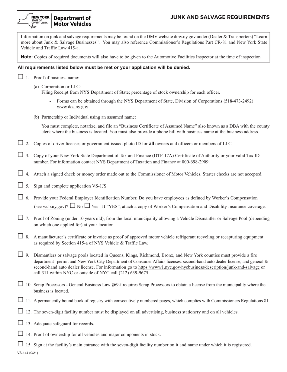 Form VS-144 Junk and Salvage Requirements - New York, Page 1