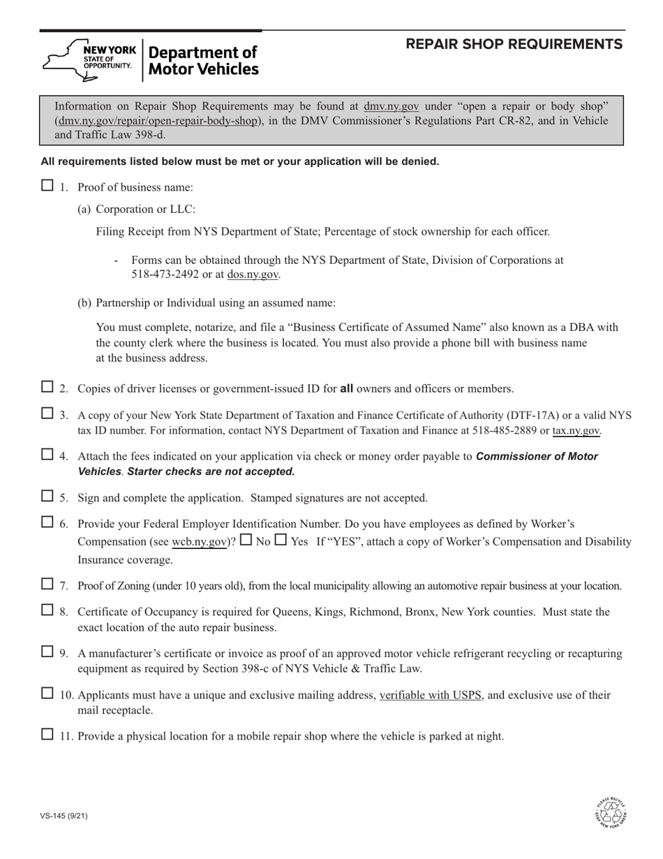 Form VS-145 Repair Shop Requirements - New York, Page 1