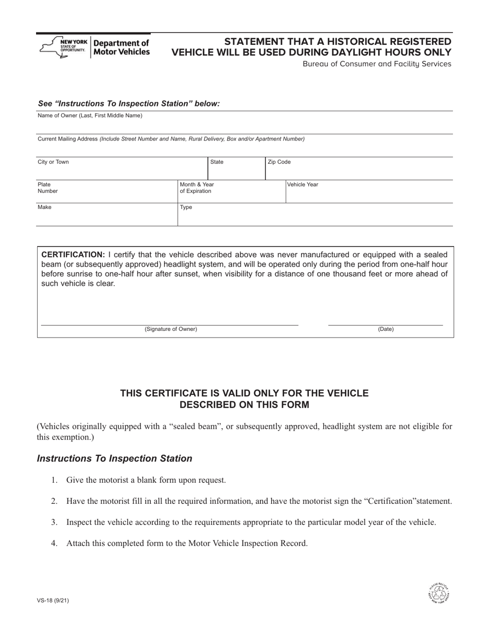 Form VS-18 Statement That a Historical Registered Vehicle Will Be Used During Daylight Hours Only - New York, Page 1