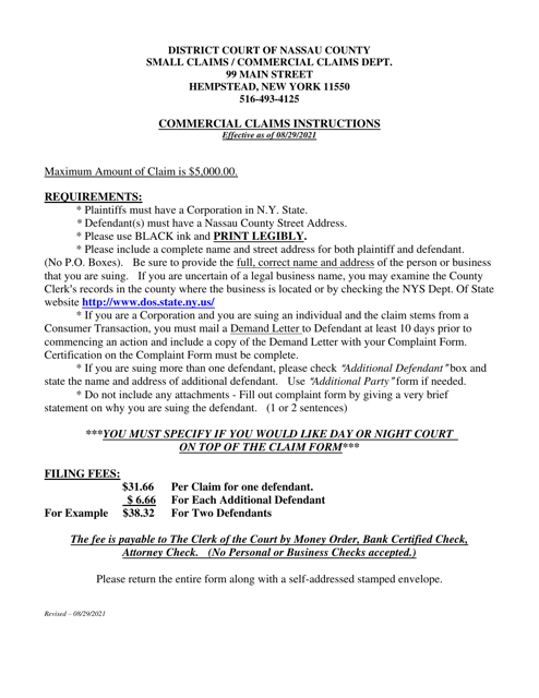 Commercial Claims Instructions - Nassau County, New York Download Pdf