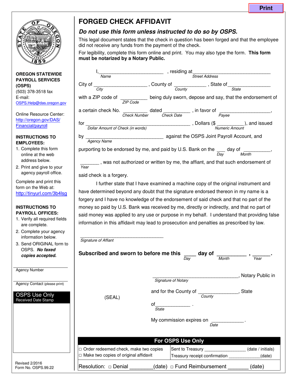 Form OSPS.99.22 Forged Check Affidavit - Oregon, Page 1