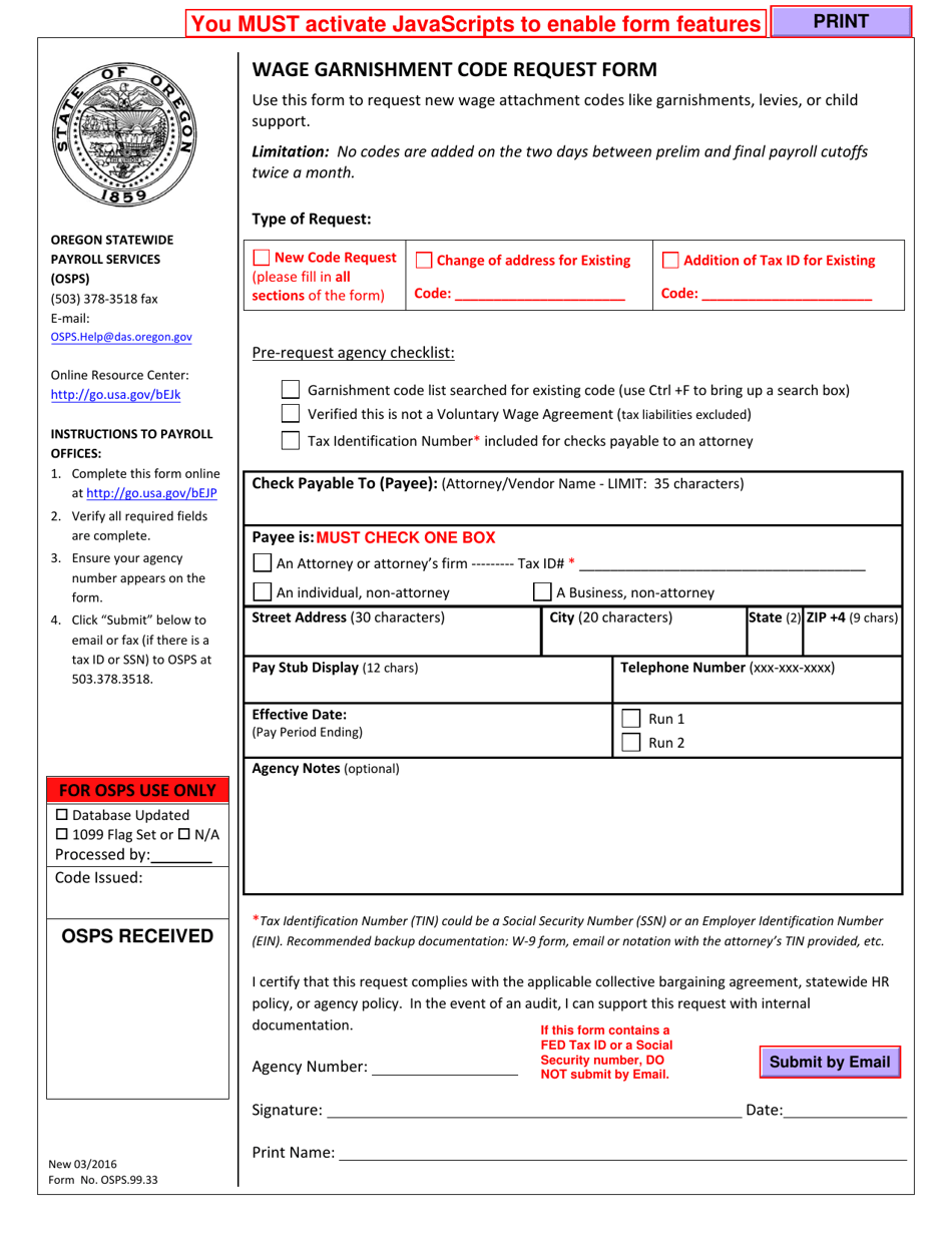 Form OSPS.99.33 Wage Garnishment Code Request Form - Oregon, Page 1