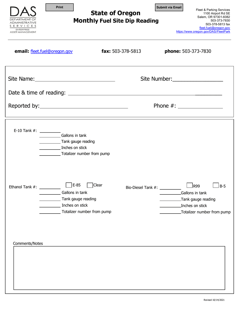 Monthly Fuel Site Dip Reading - Oregon, Page 1