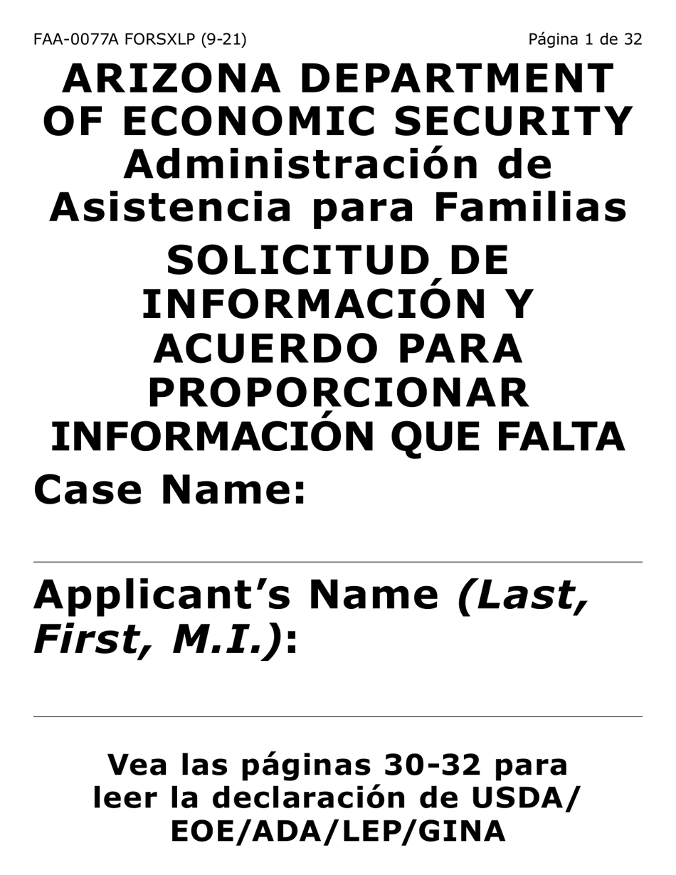 Formulario FAA-0077A-SXLP Solicitud De Informacion Y Acuerdo Para Proporcionar Informacion Que Falta - Letra Extra Grande - Arizona (Spanish), Page 1