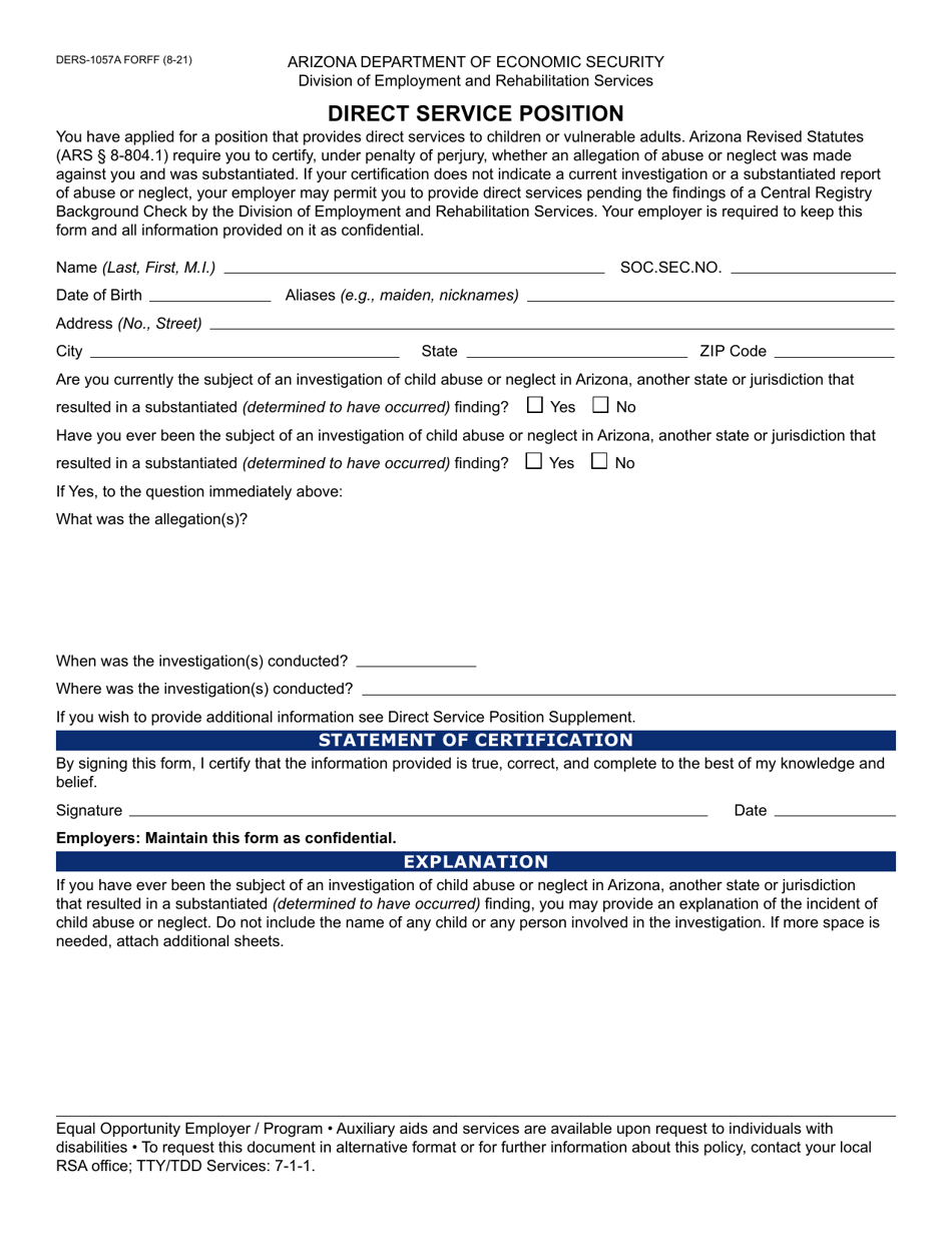 Form DERS-1057A Direct Service Position - Arizona, Page 1