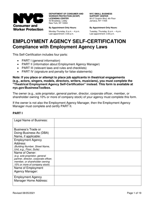Employment Agency Self-certification - New York City Download Pdf