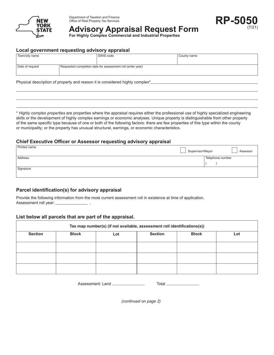 Form RP-5050 Advisory Appraisal Request Form for Highly Complex Commercial and Industrial Properties - New York, Page 1