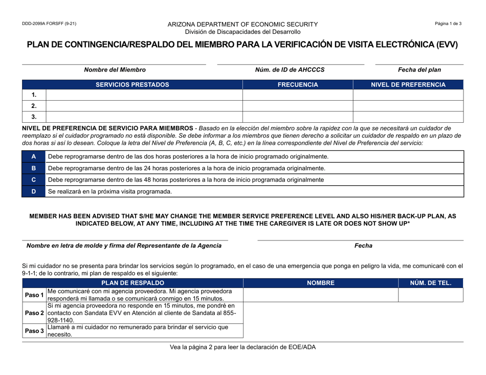 Formulario DDD-2099A-S Plan De Contingencia / Respaldo Del Miembro Para La Verificacion De Visita Electronica (Evv) - Arizona (Spanish), Page 1