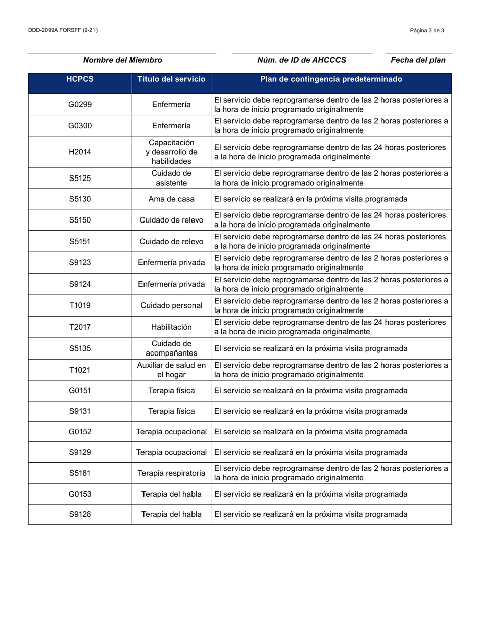 Formulario DDD-2099A-S Plan De Contingencia / Respaldo Del Miembro Para La Verificacion De Visita Electronica (Evv) - Arizona (Spanish), Page 3