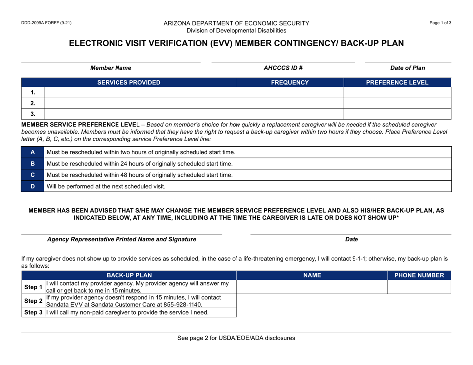 Form DDD-2099A Electronic Visit Verification (Evv) Member Contingency / Back-Up Plan - Arizona, Page 1