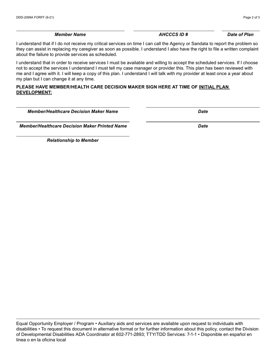 Form DDD-2099A Electronic Visit Verification (Evv) Member Contingency / Back-Up Plan - Arizona, Page 2