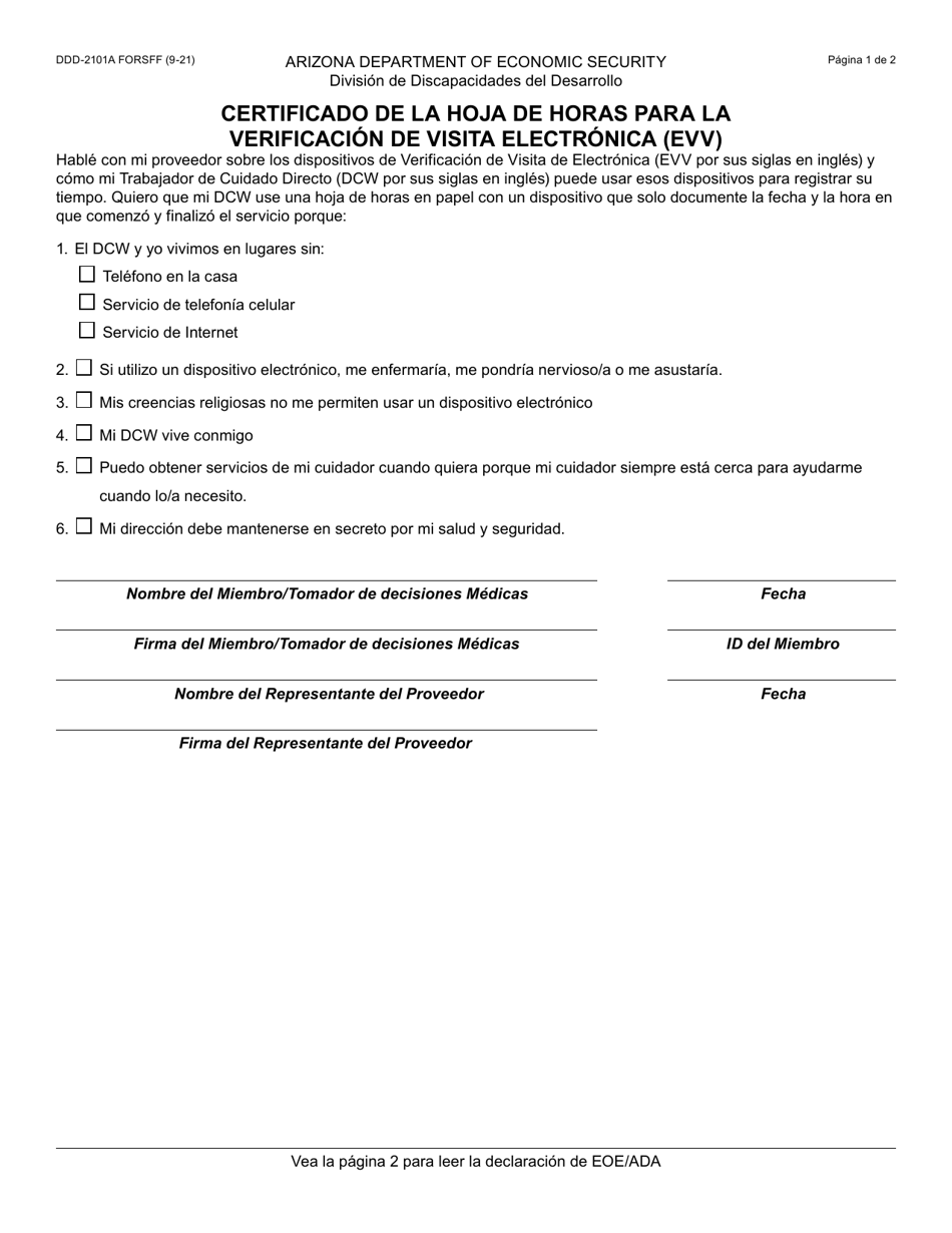 Formulario DDD-2101A-S Certificado De La Hoja De Horas Para La Verificacion De Visita Electronica (Evv) - Arizona (Spanish), Page 1