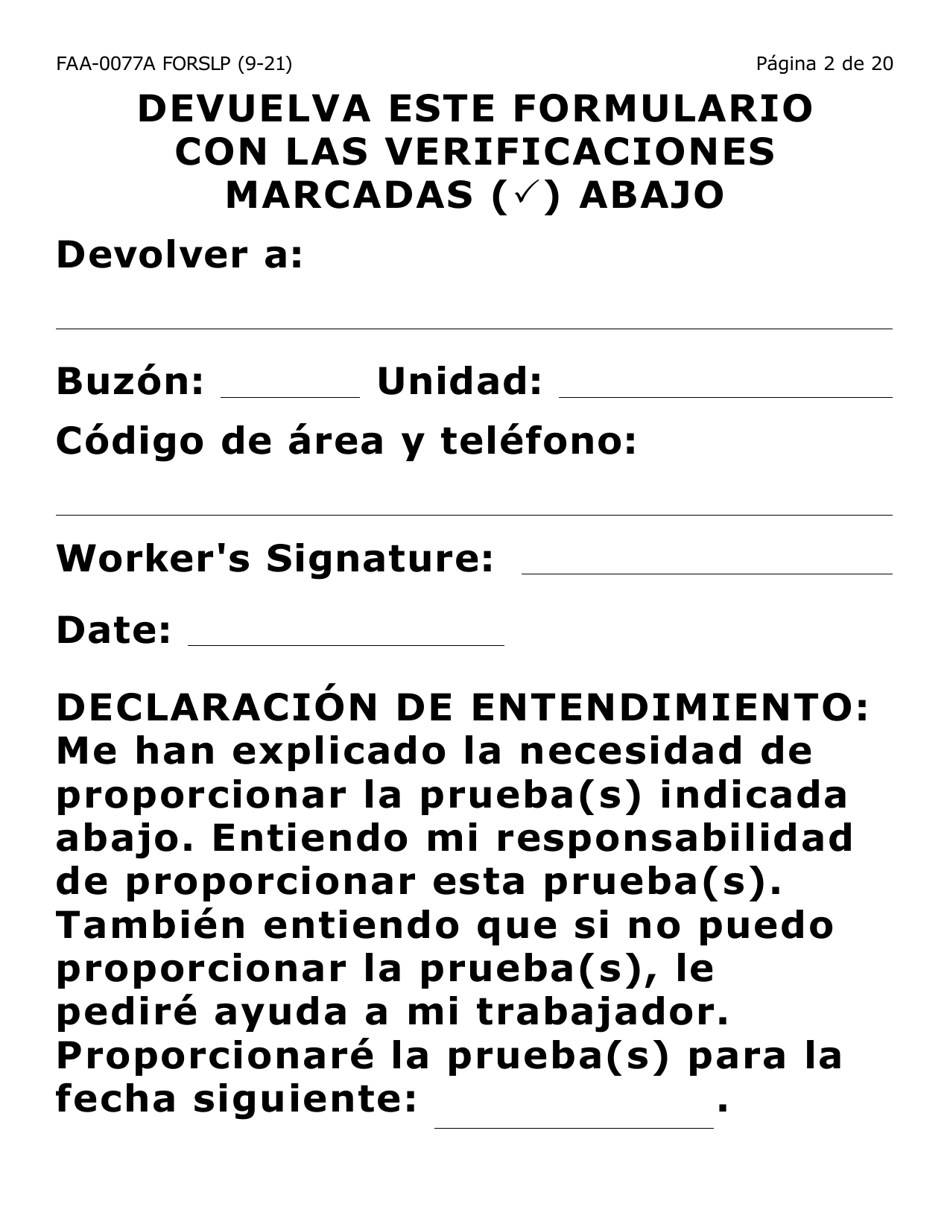 Formulario FAA-0077A-SLP Solicitud De Informacion Y Acuerdo Para Proporcionar Informacion Que Falta - Letra Grande - Arizona (Spanish), Page 2