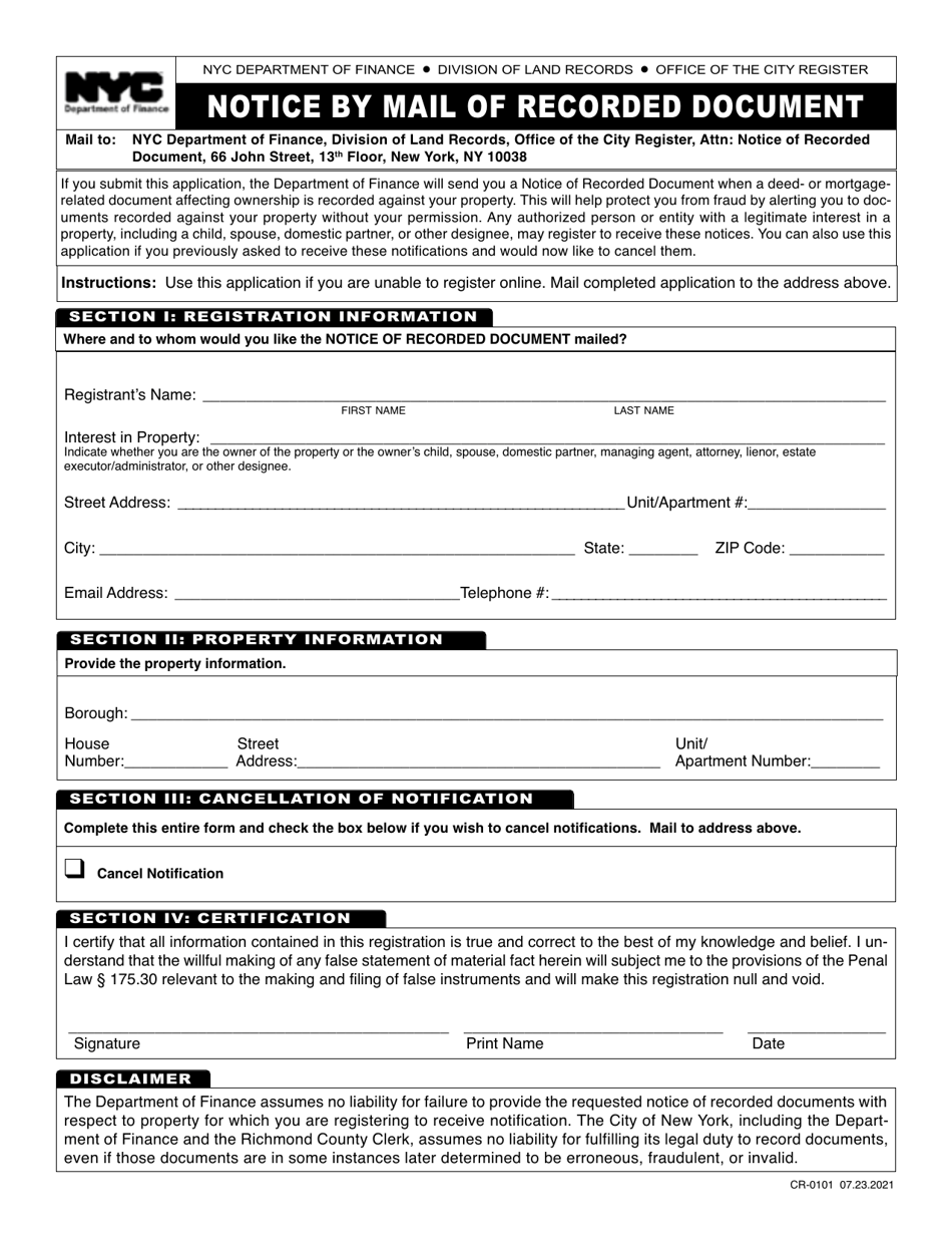 Form CR-0101 Notice by Mail of Recorded Document - New York City, Page 1