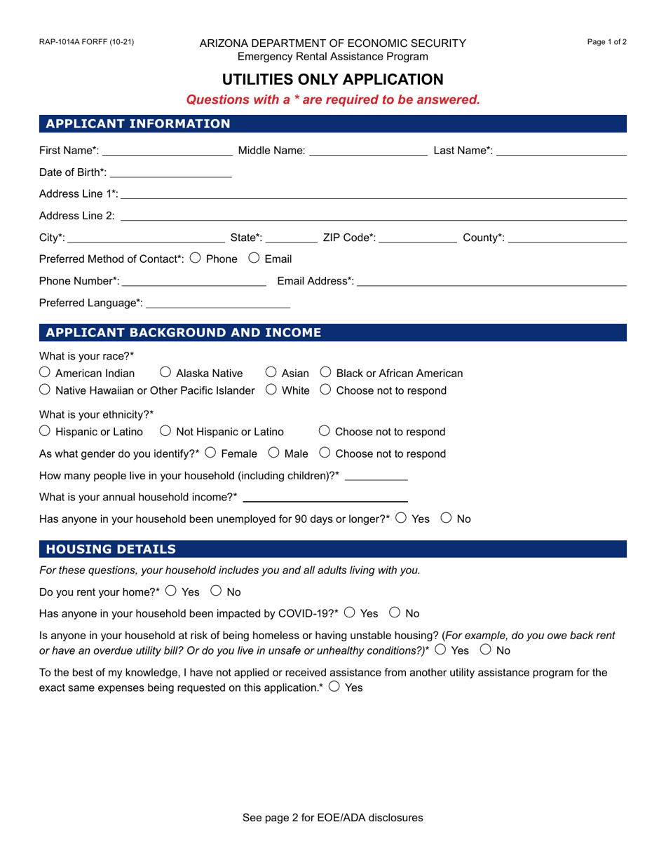 Form RAP-1014A Utilities Only Application - Arizona, Page 1