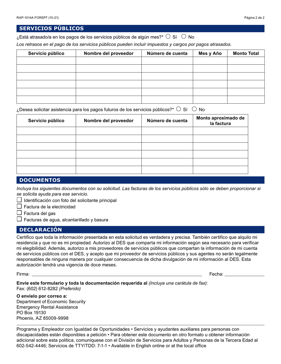 Formulario RAP-1014A-S Solicitud Solo Para Los Servicios Publicos - Arizona (Spanish), Page 2