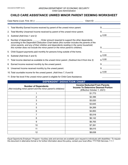 Form CCA-0231A Child Care Assistance Unwed Minor Parent Deeming Worksheet - Arizona