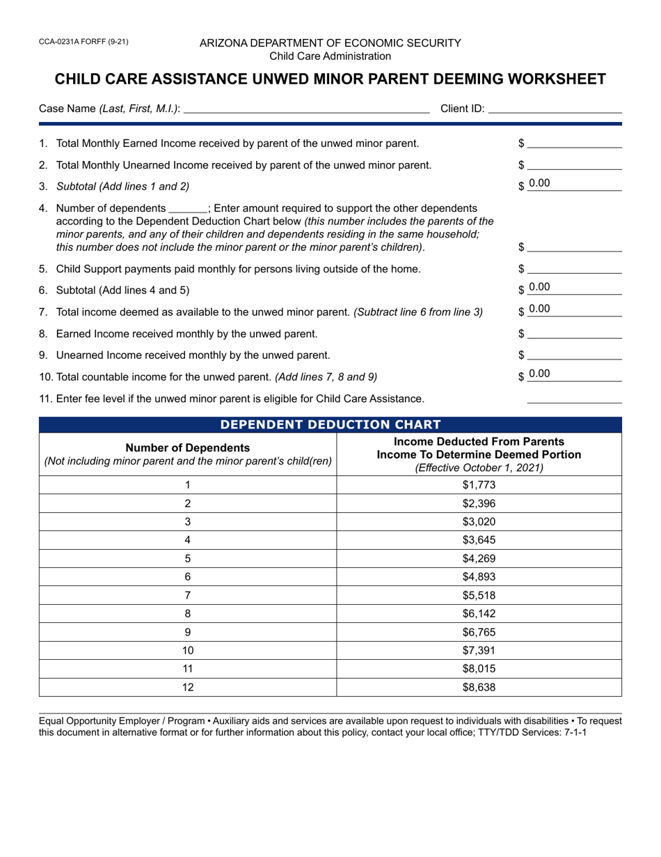 Form CCA-0231A Child Care Assistance Unwed Minor Parent Deeming Worksheet - Arizona, Page 1