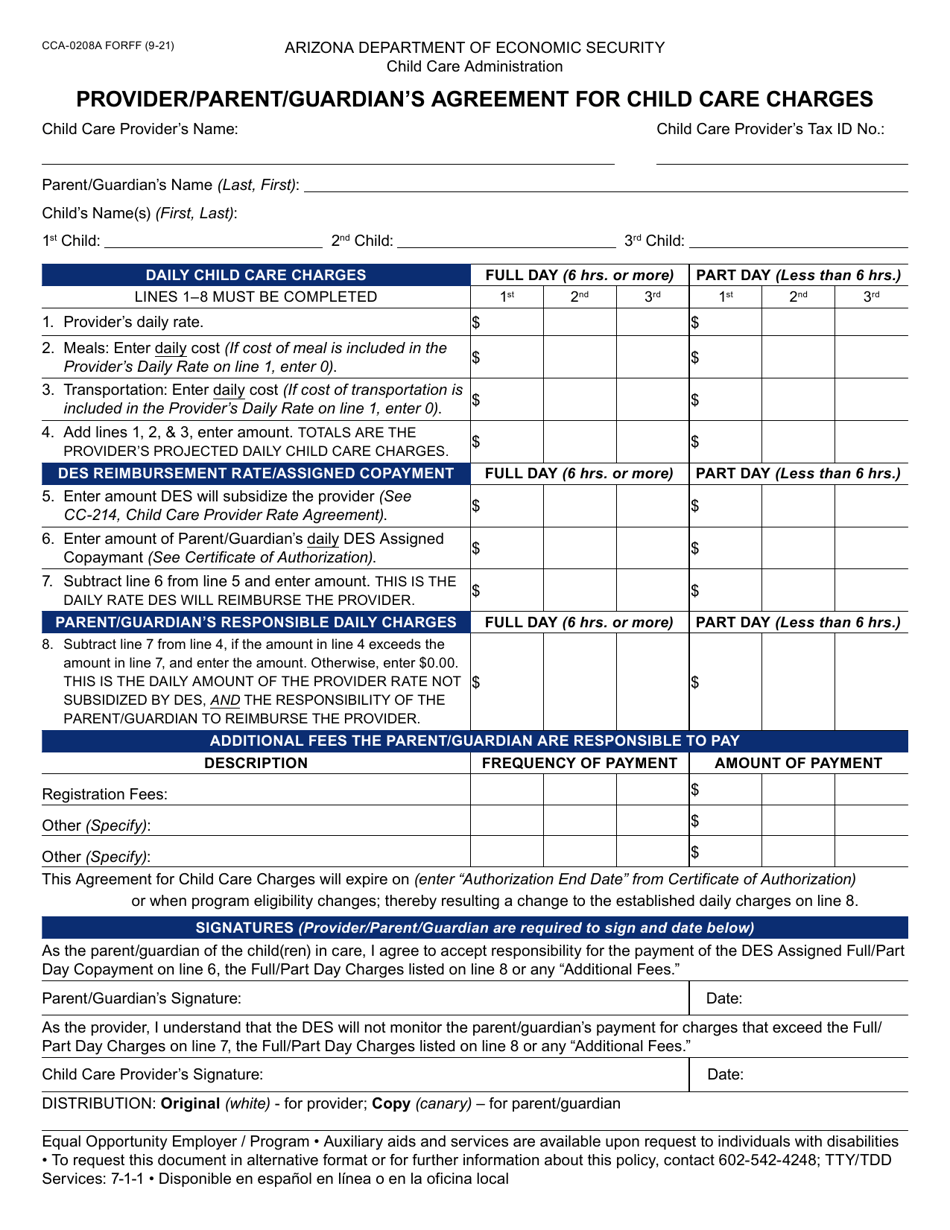 Form CCA-0208A Provider / Parent / Guardians Agreement for Child Care Charges - Arizona, Page 1