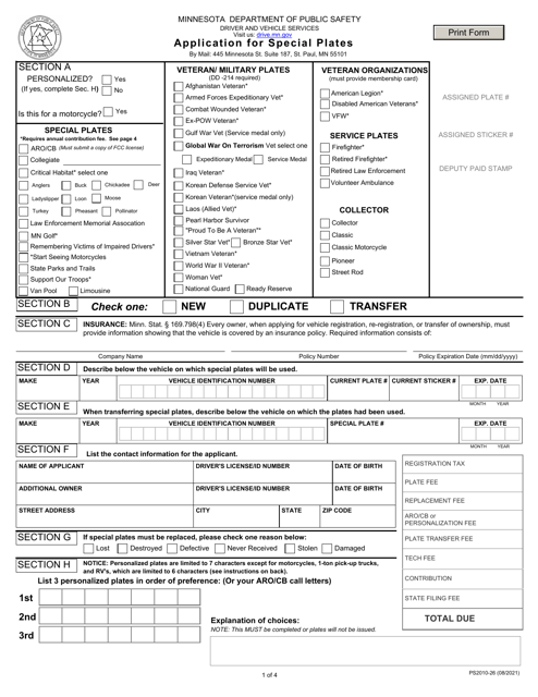 Form PS2010 Application for Special Plates - Minnesota