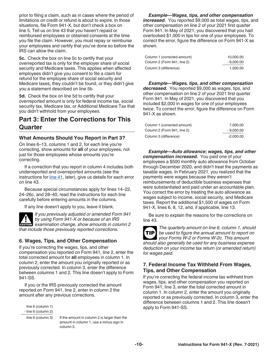 Instructions for IRS Form 941-X Adjusted Employers Quarterly Federal Tax Return or Claim for Refund, Page 10