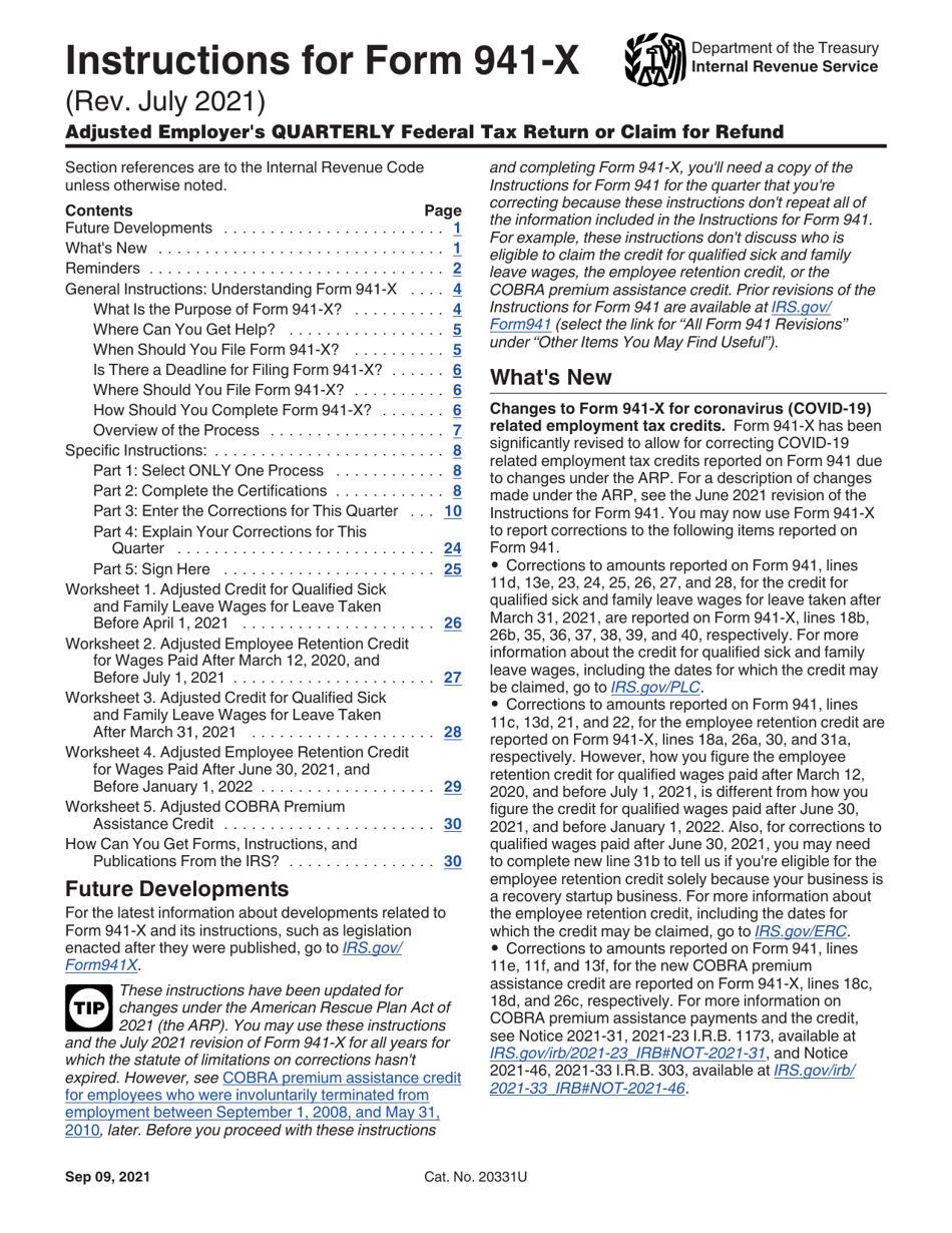 Instructions for IRS Form 941-X Adjusted Employers Quarterly Federal Tax Return or Claim for Refund, Page 1