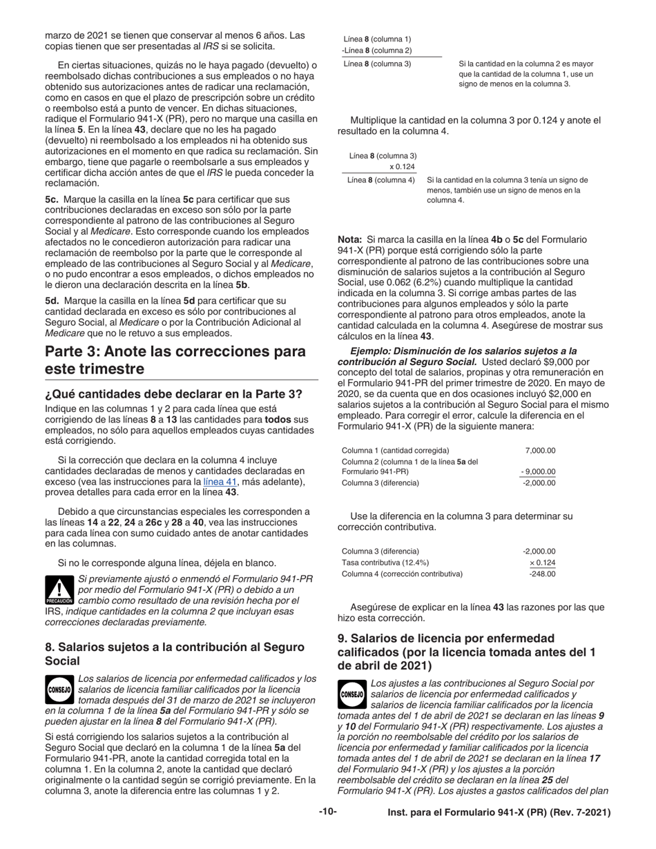Instrucciones para IRS Formulario 941-X (PR) Ajuste a La Declaracion Federal Trimestral Del Patrono O Reclamacion De Reembolso (Puerto Rican Spanish), Page 10