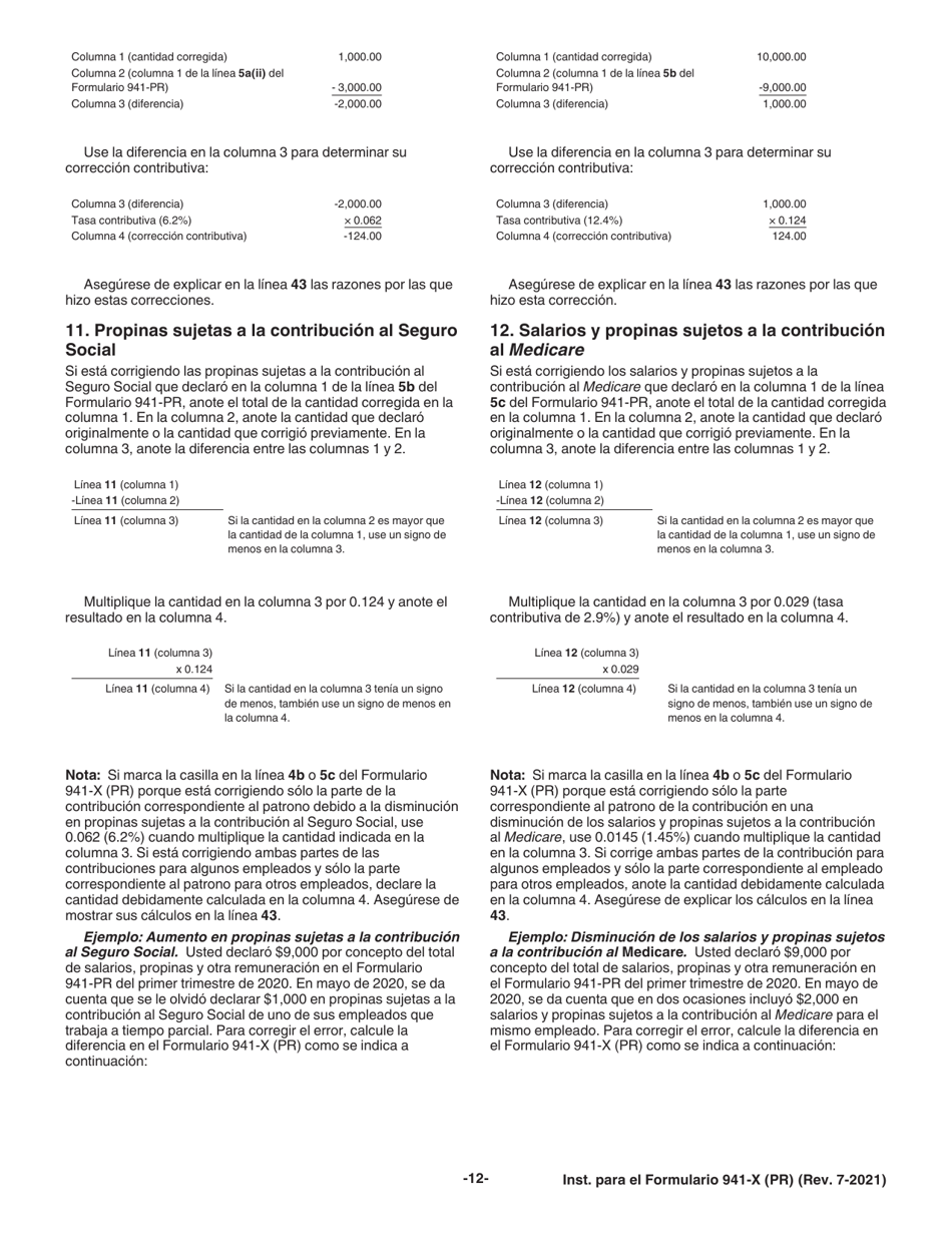 Instrucciones para IRS Formulario 941-X (PR) Ajuste a La Declaracion Federal Trimestral Del Patrono O Reclamacion De Reembolso (Puerto Rican Spanish), Page 12